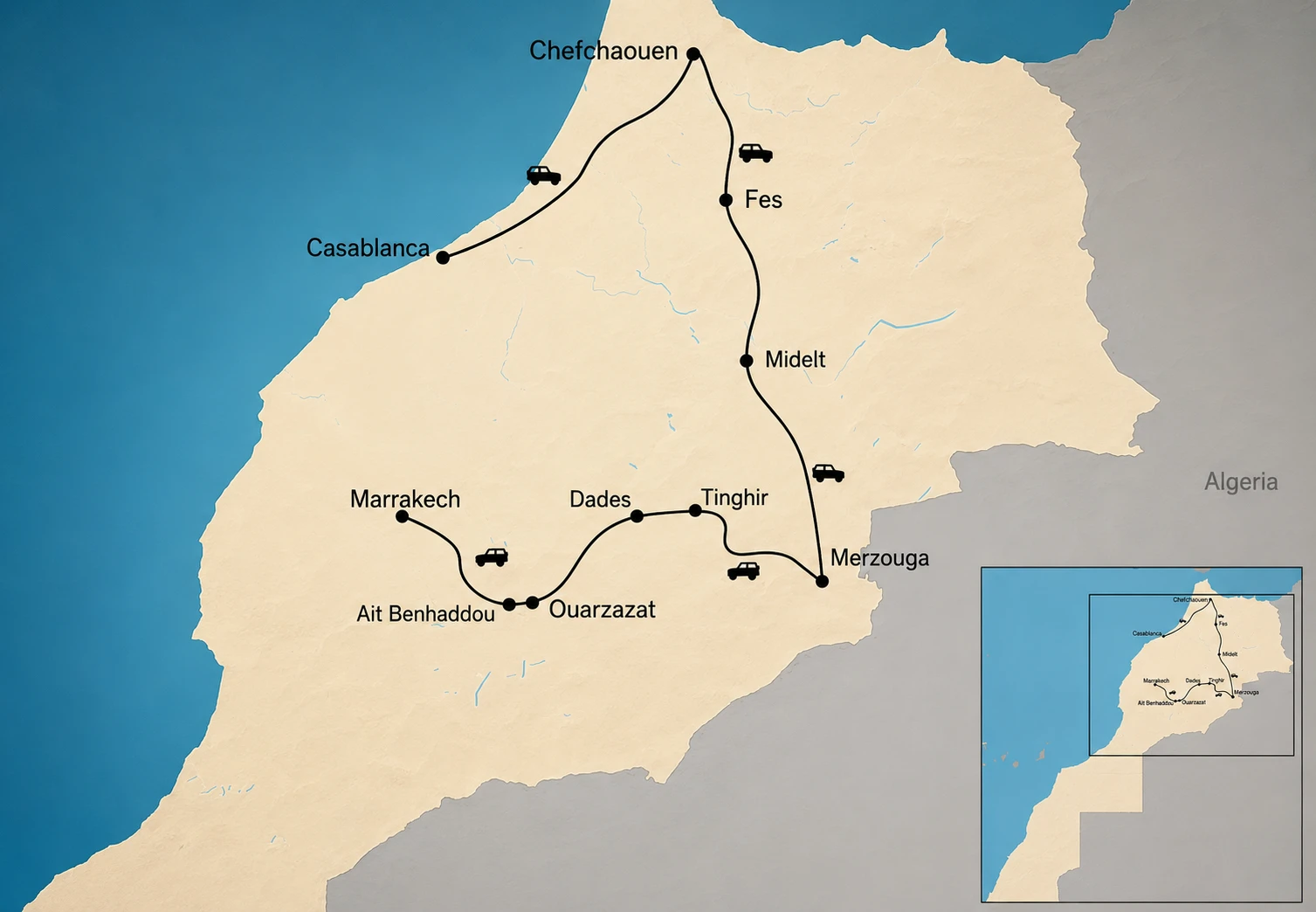 Route map of the 6 day tour from Marrakech through the Sahara desert, Fes and Chefchaouen