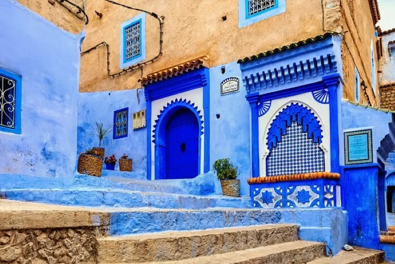Blue houses of Chefchaouen, Morocco, showcasing the town's unique architecture during a Morocco tour 10 days .