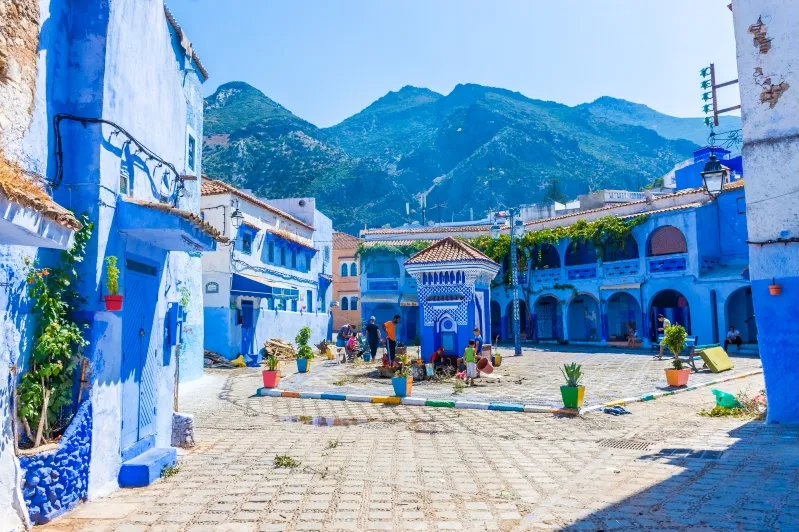 Scenic view of Chefchaouen, Morocco, showcasing its iconic blue buildings, part of a Morocco trip package.