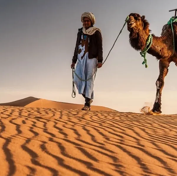 A man walks alongside a camel in the vast expanse of the Morocco desert during a tour.