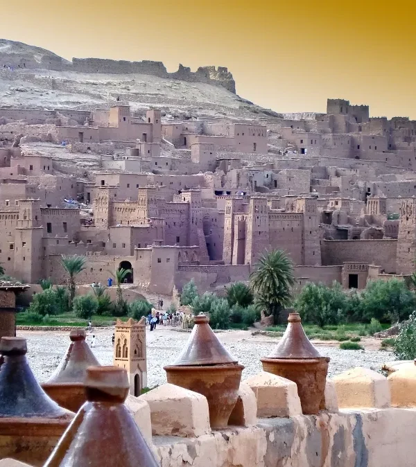 A panoramic view of Morocco's cityscape from a hilltop, showcasing the vibrant architecture and landscape.