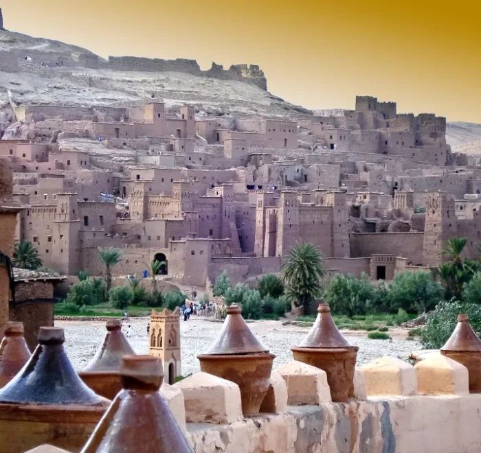 A panoramic view of Morocco's cityscape from a hilltop, showcasing the vibrant architecture and landscape.