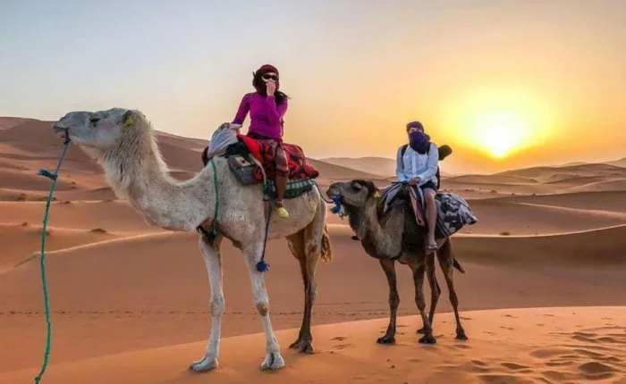 Two people riding camels through the Moroccan desert at sunset, showcasing a vibrant sky and sandy dunes.