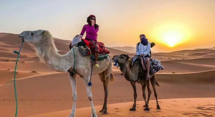 Two people riding camels through the Moroccan desert at sunset, showcasing a vibrant sky and sandy dunes.