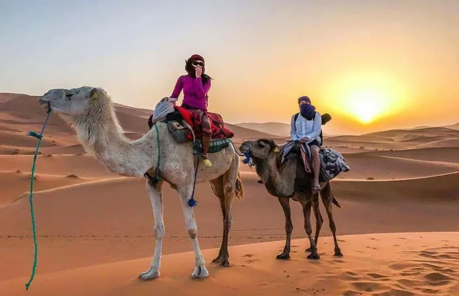 Two people riding camels through the Moroccan desert at sunset, showcasing a vibrant sky and sandy dunes.