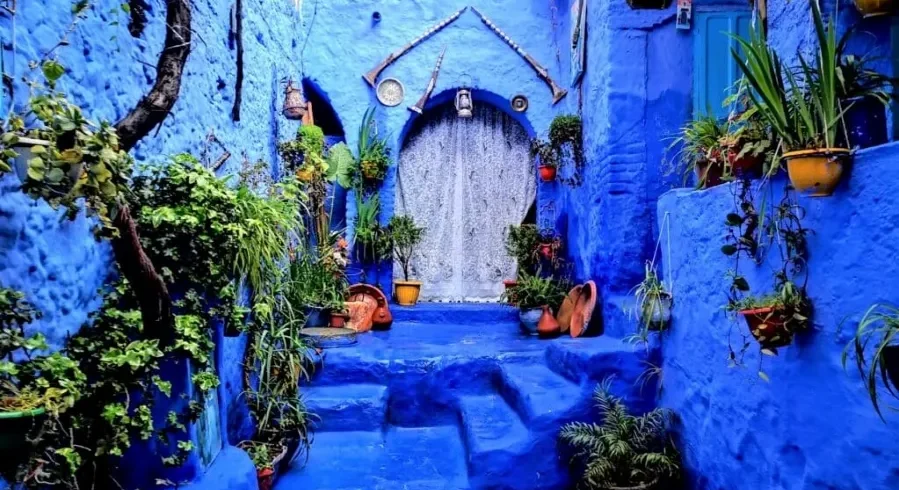 Scenic view of Chefchaouen, Morocco, showcasing its iconic blue buildings, part of a Morocco trip package.