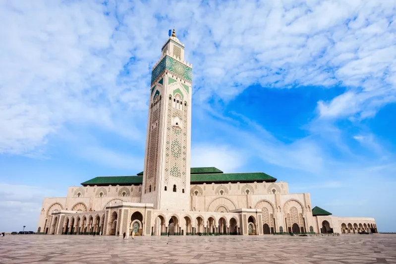 Islamic mosque in Casablanca, Morocco, showcasing intricate architecture, part of a Morocco travel package.