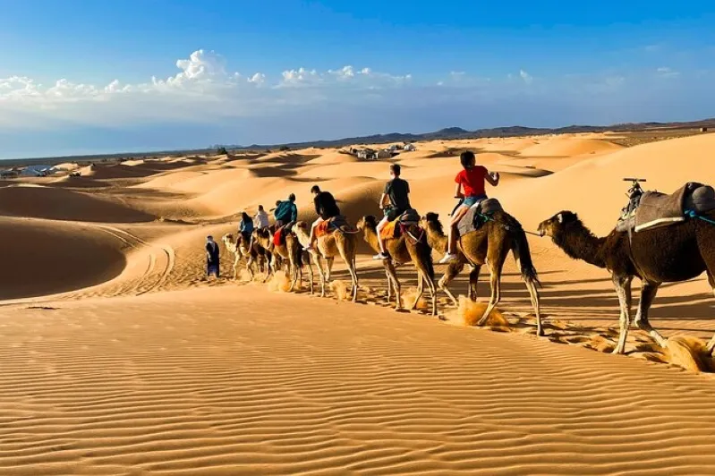 A group of tourists riding camels across the sandy landscape of the Moroccan desert during a tour from Marrakech.