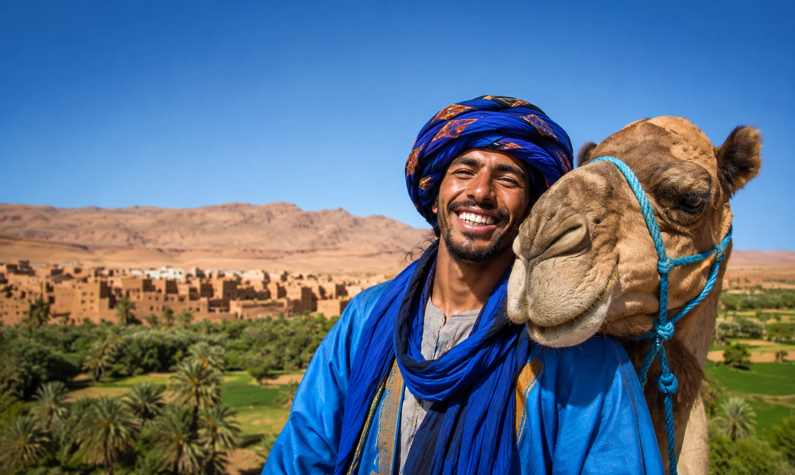 A man wearing a turban and blue attire stands with a camel, representing a Morocco travel package.
