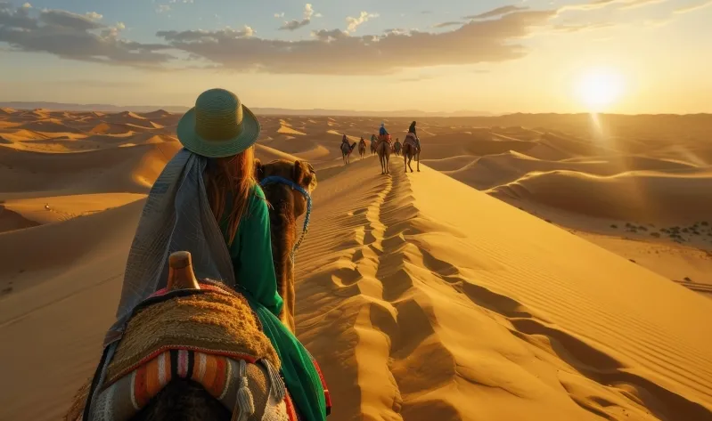 A group of travelers riding camels across the sandy desert, promoting Morocco trip packages.
