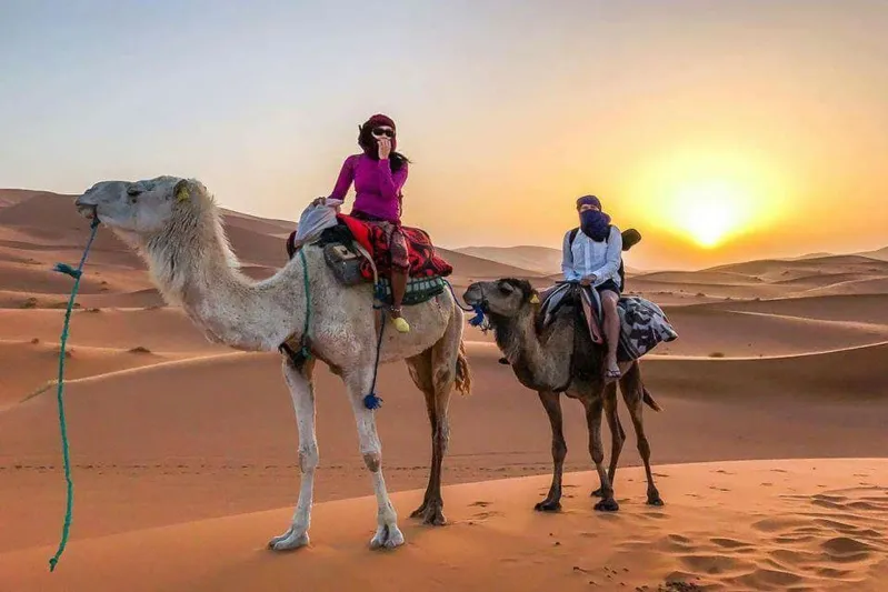 Two people riding camels across the Moroccan sand dunes at sunset, with vibrant colors illuminating the desert landscape.