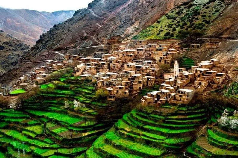 Visit Atlas Mountains, surrounded by the stunning peaks of the Atlas Mountains, highlighting its natural beauty.