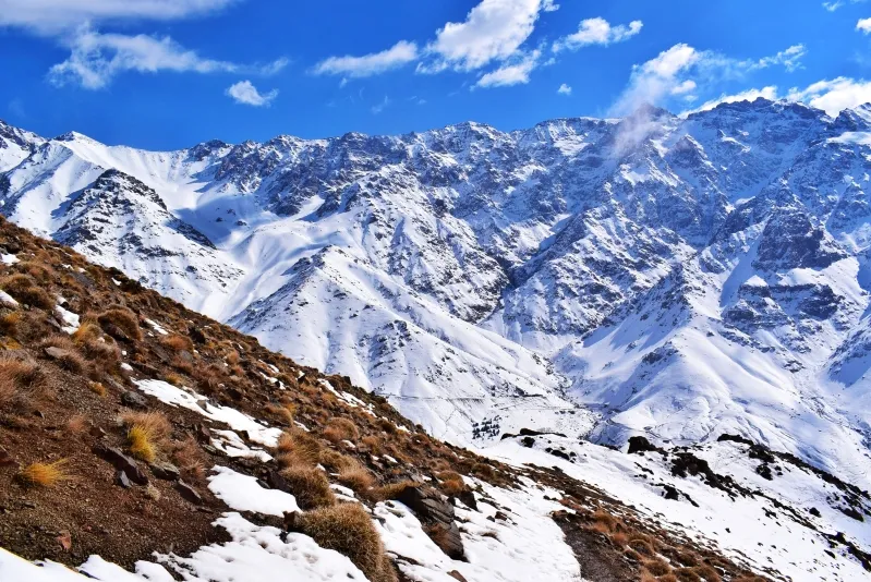 Majestic snow-capped peaks of the Atlas Mountains in Afghanistan, highlighting the region's natural beauty.