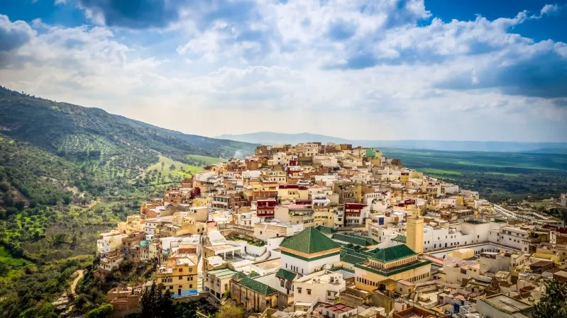 A panoramic view of Fes, Morocco, showcasing its historic architecture and vibrant cityscape.