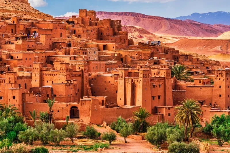 A panoramic view of the Sahara city in Morocco, showcasing its unique architecture and desert landscape.
