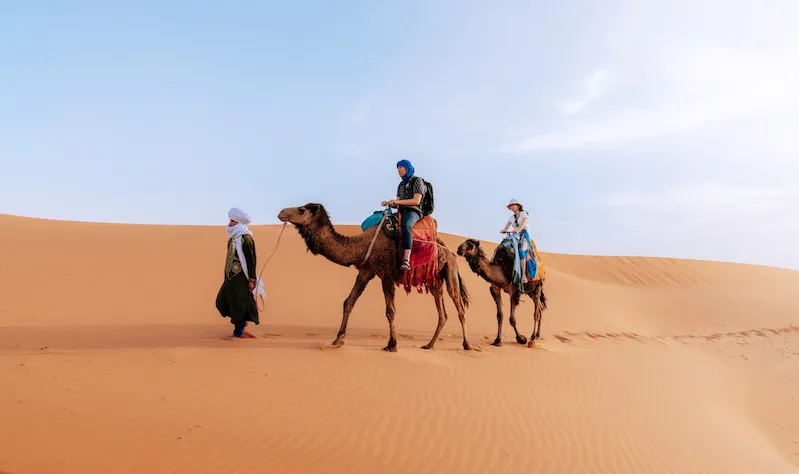 Three people riding camels across the vast Sahara Desert during a guided tour in Morocco.