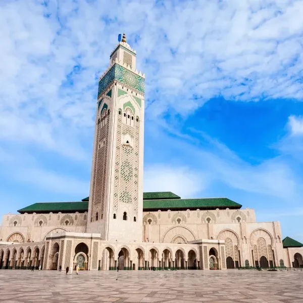 The Hassan II Mosque in Casablanca, Morocco, showcasing its stunning architecture and coastal location.