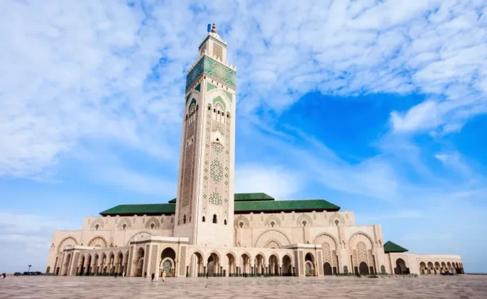 The Hassan II Mosque in Casablanca, Morocco, showcasing its stunning architecture and coastal location.
