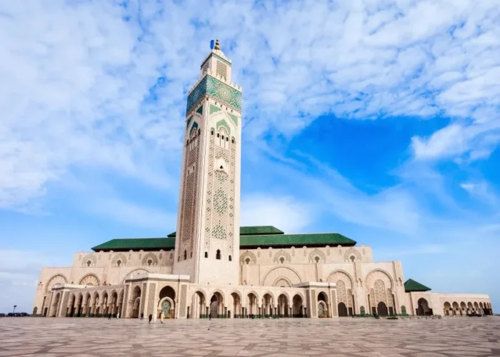 The Hassan II Mosque in Casablanca, Morocco, showcasing its stunning architecture and coastal location.