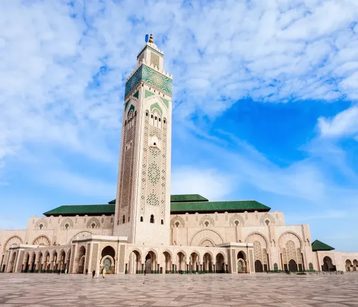 The Hassan II Mosque in Casablanca, Morocco, showcasing its stunning architecture and coastal location.