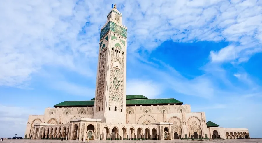 The Hassan II Mosque in Casablanca, Morocco, showcasing its stunning architecture and coastal location.