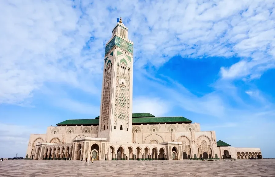 The Hassan II Mosque in Casablanca, Morocco, showcasing its stunning architecture and coastal location.