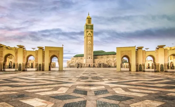 The Hassan II Mosque in Casablanca, Morocco, showcasing its stunning architecture and coastal location.