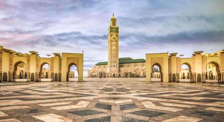 The Hassan II Mosque in Casablanca, Morocco, showcasing its stunning architecture and coastal location.