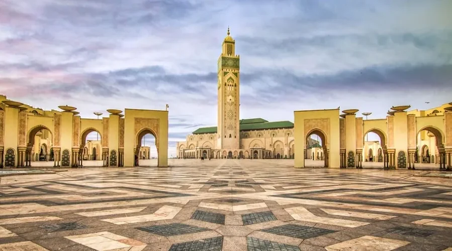 The Hassan II Mosque in Casablanca, Morocco, showcasing its stunning architecture and coastal location.