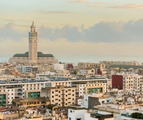 A panoramic view of Casablanca, a vibrant city in North Africa, showcasing its modern architecture and coastal scenery.