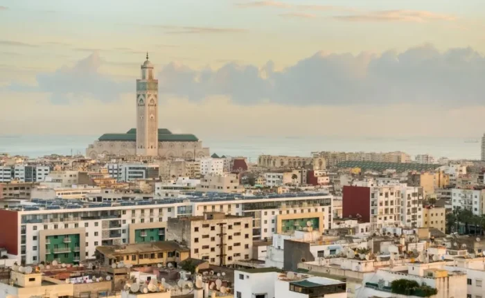 A panoramic view of Casablanca, a vibrant city in North Africa, showcasing its modern architecture and coastal scenery.