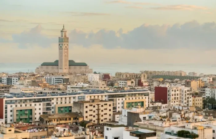 A panoramic view of Casablanca, a vibrant city in North Africa, showcasing its modern architecture and coastal scenery.