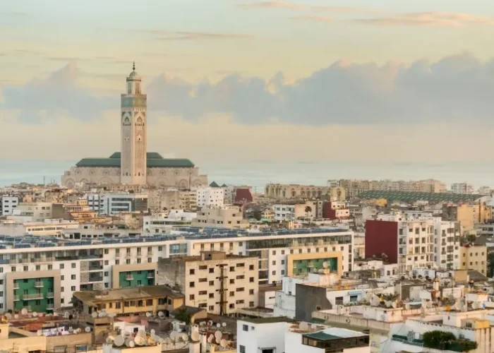 A panoramic view of Casablanca, a vibrant city in North Africa, showcasing its modern architecture and coastal scenery.