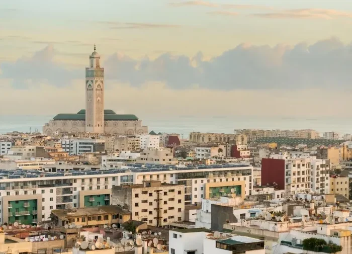 A panoramic view of Casablanca, a vibrant city in North Africa, showcasing its modern architecture and coastal scenery.