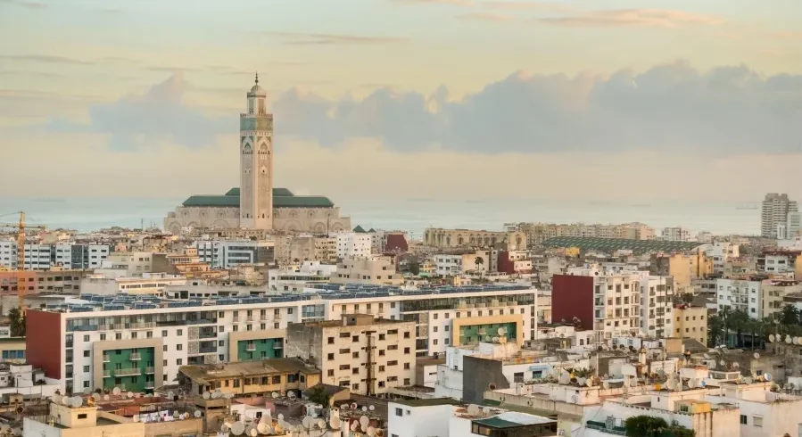 A panoramic view of Casablanca, a vibrant city in North Africa, showcasing its modern architecture and coastal scenery.