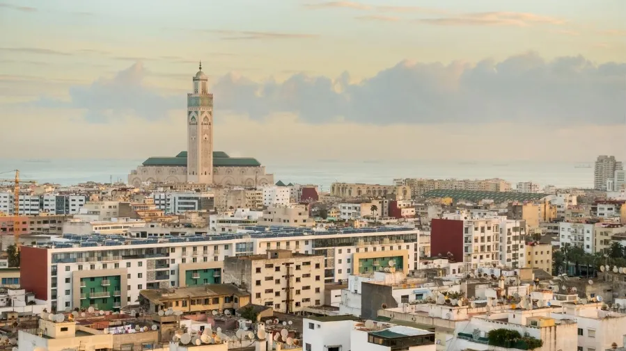A panoramic view of Casablanca, a vibrant city in North Africa, showcasing its modern architecture and coastal scenery.