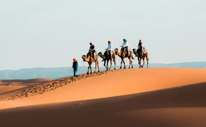 A group of travelers enjoying a camel ride during a 10-day itinerary in Morocco.