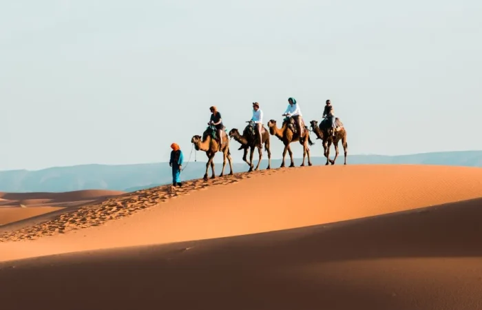 A group of travelers enjoying a camel ride during a 10-day itinerary in Morocco.