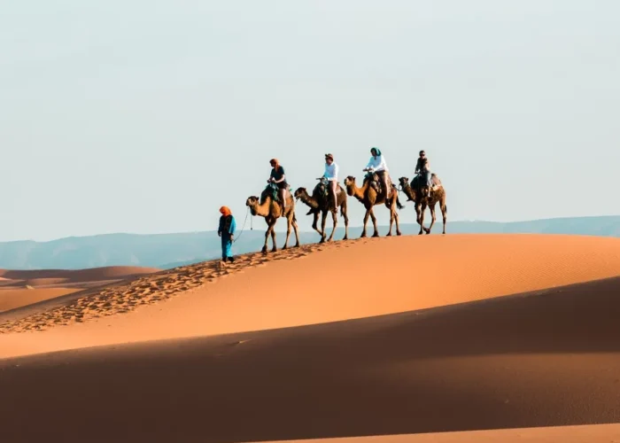 A group of travelers enjoying a camel ride during a 10-day itinerary in Morocco.