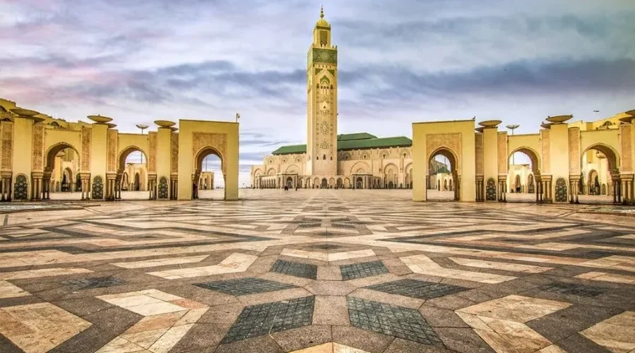 The Hassan II Mosque in Casablanca, Morocco, showcasing its stunning architecture and coastal location.