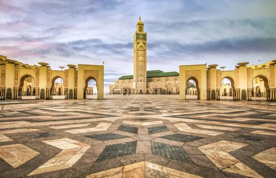 The Hassan II Mosque in Casablanca, Morocco, showcasing its stunning architecture and coastal location.