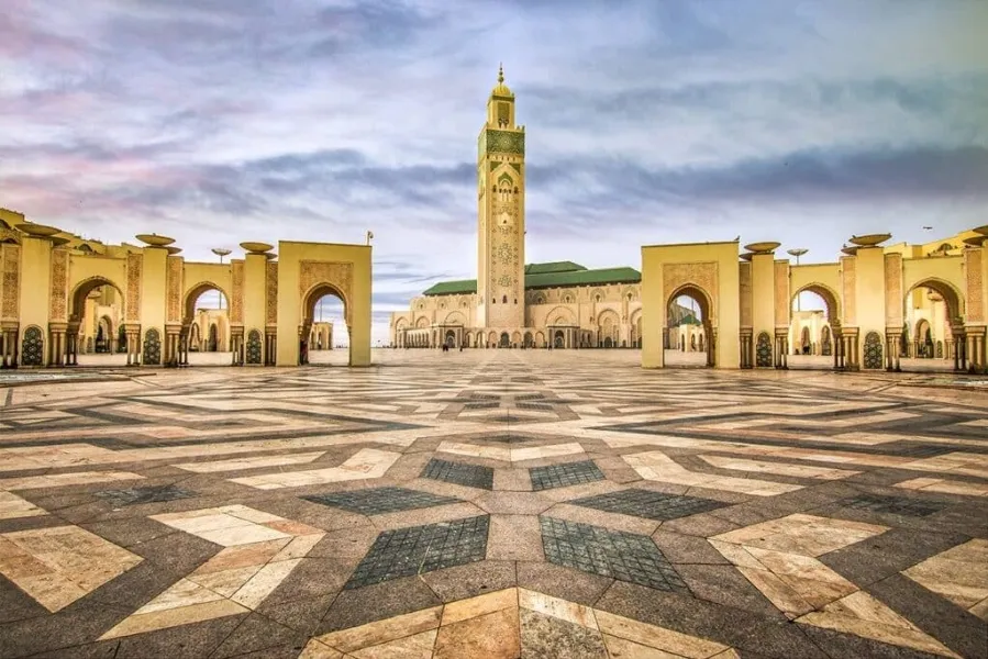 The Hassan II Mosque in Casablanca, Morocco, showcasing its stunning architecture and coastal location.