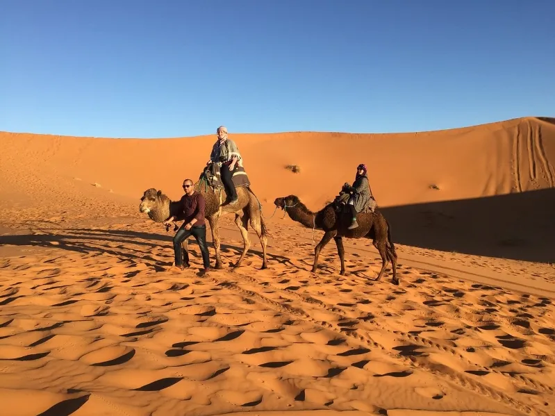 Three travelers ride camels across the sandy desert, showcasing a unique experience offered by a Morocco travel agency.