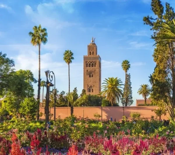 Lush garden of a mosque in Marrakech, Morocco, featuring vibrant plants and serene pathways, ideal for reflection.