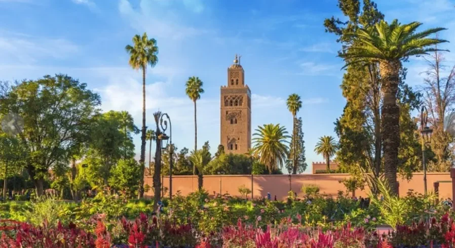 Lush garden of a mosque in Marrakech, Morocco, featuring vibrant plants and serene pathways, ideal for reflection.