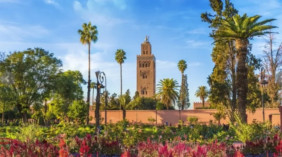 Lush garden of a mosque in Marrakech, Morocco, featuring vibrant plants and serene pathways, ideal for reflection.