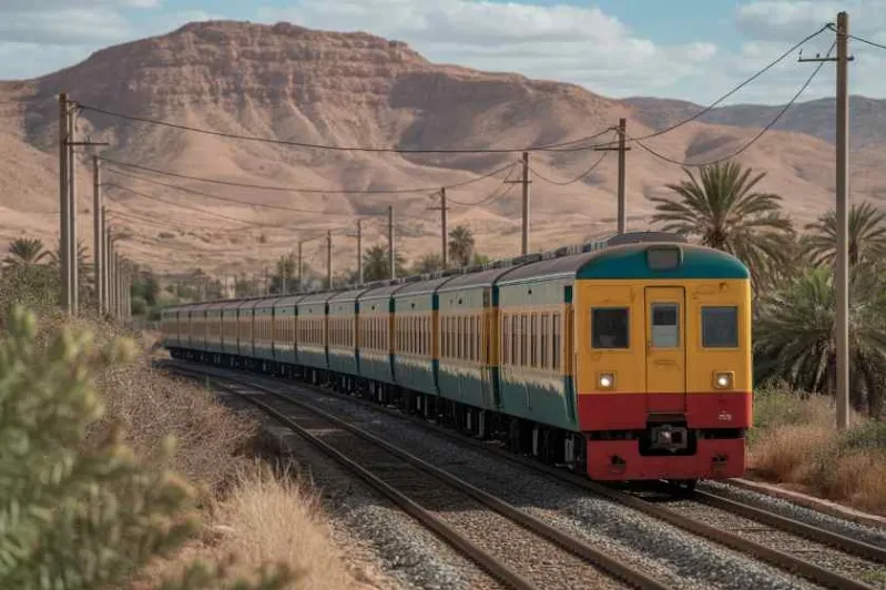 A train journeys through the arid desert, framed by distant mountains, highlighting the allure of luxury tours in Morocco.