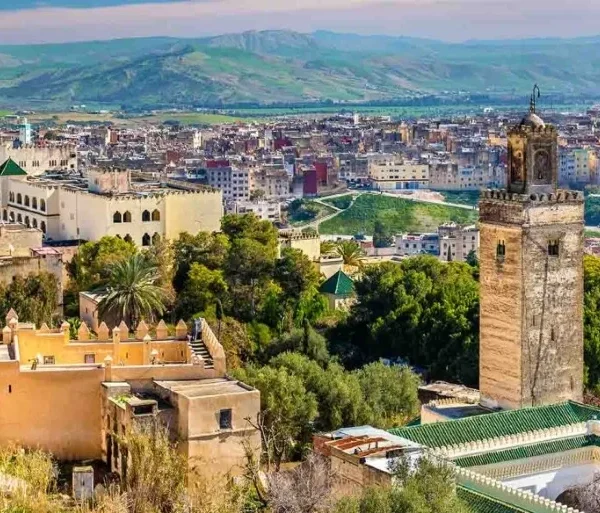 A panoramic view of Marrakech, showcasing its vibrant architecture and bustling streets, part of Morocco's essential cities.
