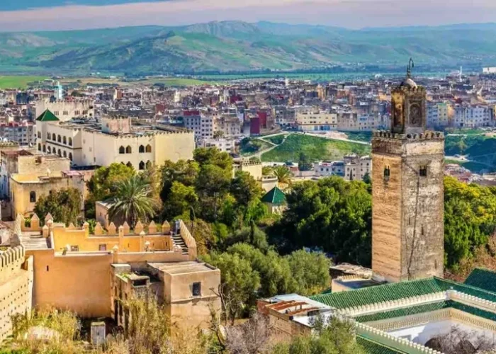 A panoramic view of Marrakech, showcasing its vibrant architecture and bustling streets, part of Morocco's essential cities.