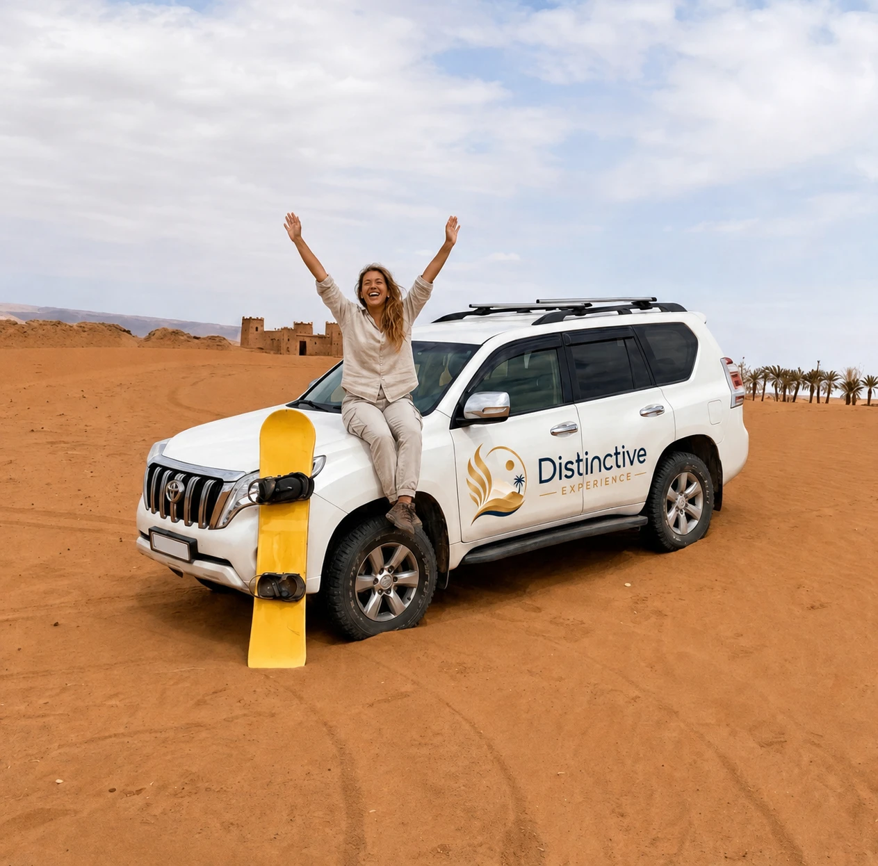 Private luxury 4x4 vehicle crossing the Moroccan desert on the way to a Sahara luxury camp